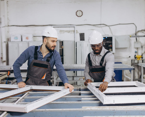 Lavoratori con dispositivi di protezione individuale durante il taglio di infissi