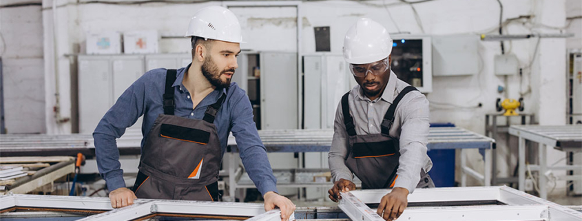 Lavoratori con dispositivi di protezione individuale durante il taglio di infissi