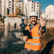Un tecnico della FG Project Sardegna con elmetto bianco e gilet arancione sorride facendo il segno OK. In mano tiene un tablet per il monitoraggio digitale in un cantiere edile durante la fase di getto delle fondazioni.