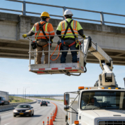 Lavori in quota in sicurezza su piattaforma aerea (PLE) in autostrada Due operatori con dispositivi di protezione individuale (DPI) al lavoro nel cestello di una piattaforma aerea (PLE) in autostrada, protetti da segnaletica e coni stradali.