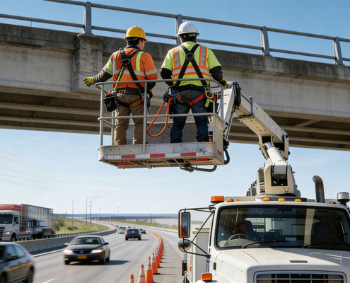 Due operatori con dispositivi di protezione individuale (DPI) al lavoro nel cestello di una piattaforma aerea (PLE) in autostrada, protetti da segnaletica e coni stradali.