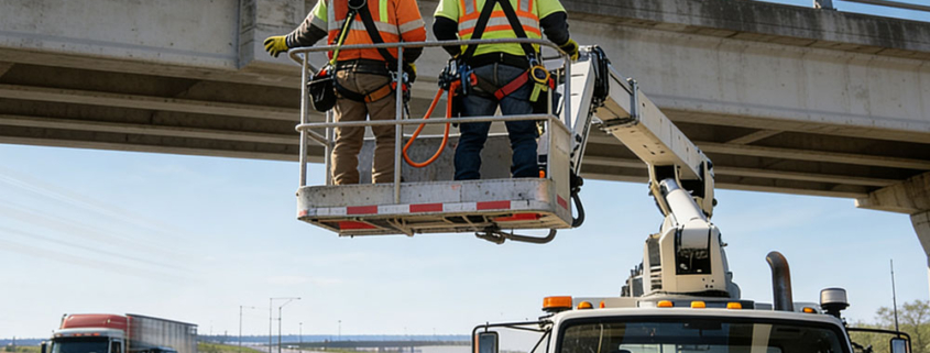 Due operatori con dispositivi di protezione individuale (DPI) al lavoro nel cestello di una piattaforma aerea (PLE) in autostrada, protetti da segnaletica e coni stradali.