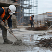Tre operai edili con elmetti, giubbotti arancioni ad alta visibilità e mascherine filtranti lavorano il cemento in un cantiere, proteggendosi attivamente dall'inalazione di polveri sottili.