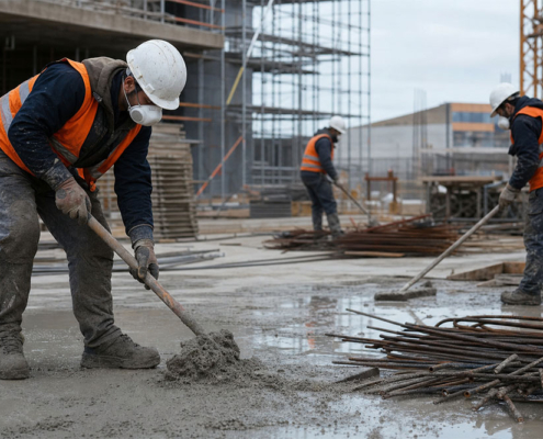 Tre operai edili con elmetti, giubbotti arancioni ad alta visibilità e mascherine filtranti lavorano il cemento in un cantiere, proteggendosi attivamente dall'inalazione di polveri sottili.