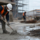 Tre operai edili con elmetti, giubbotti arancioni ad alta visibilità e mascherine filtranti lavorano il cemento in un cantiere, proteggendosi attivamente dall'inalazione di polveri sottili.