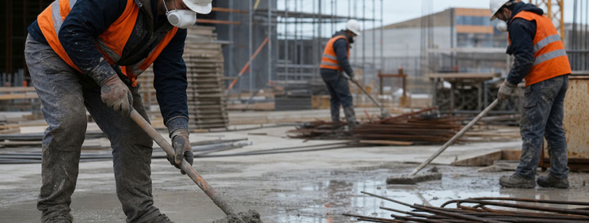 Tre operai edili con elmetti, giubbotti arancioni ad alta visibilità e mascherine filtranti lavorano il cemento in un cantiere, proteggendosi attivamente dall'inalazione di polveri sottili.