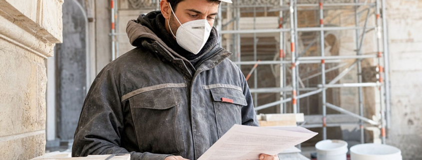 Lavoratore con mascherina protettiva in cantiere di restauro