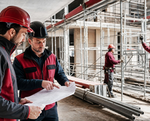 Audit di sicurezza in un cantiere edile con dispositivi di protezione individuale e professionisti al lavoro.