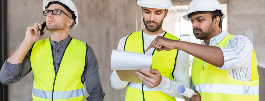 Tecnici in cantiere analizzano documentazione e rischi per la sicurezza sul lavoro
