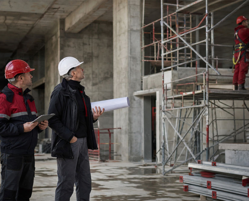 Operai su cantiere indossano DPI durante ispezione di sicurezza.